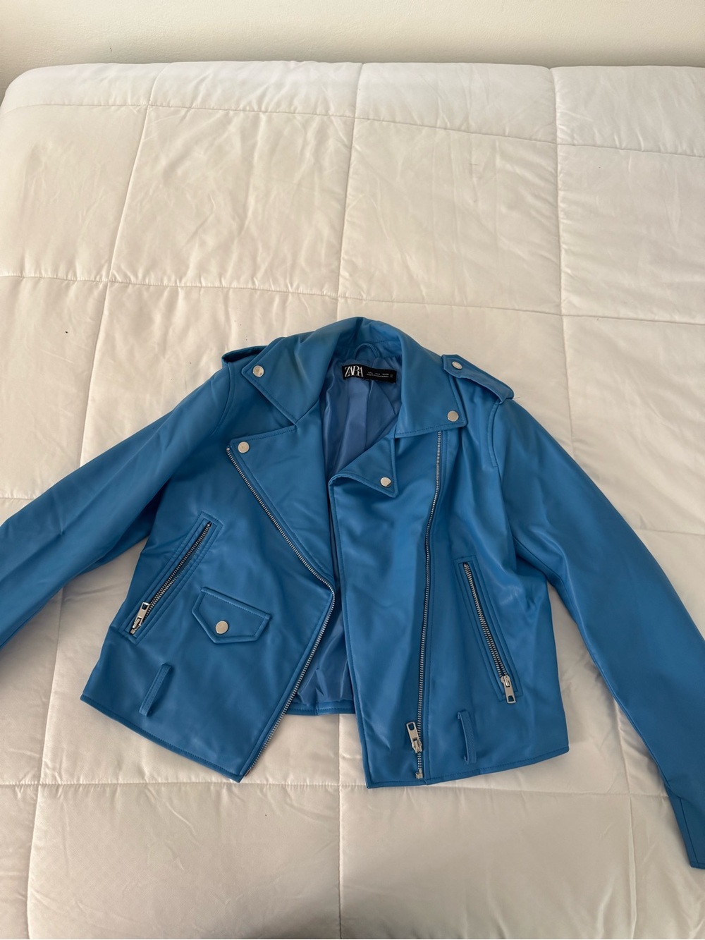 Zara Bright Blue Faux Leather Biker Jacket